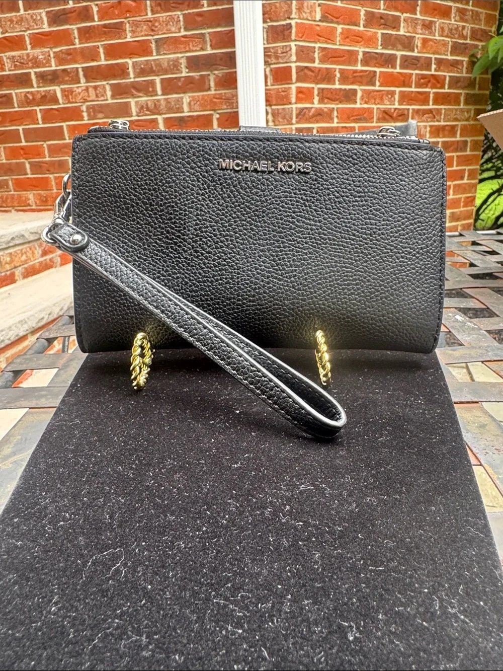 Michael Kors Black Pebbled Leather Zip Wristlet with Gold Logo